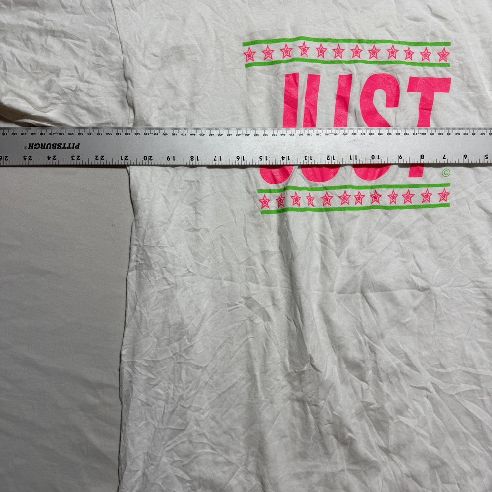 Vintage 90s Oneita JUST Neon Parody Graphic Tee XL White Pink Green Stars - Picture 3 of 10